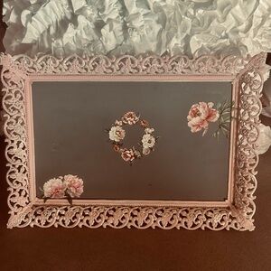 Gorgeous Vintage Pink Roses Brass metal glass serving or Vanity Tray Upcycled